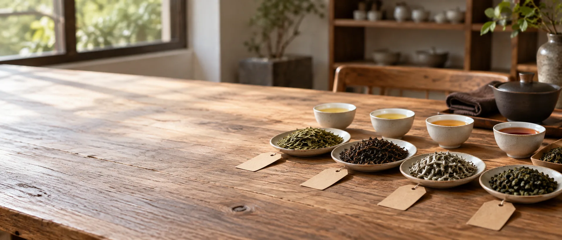 Illustrative comparison of loose-leaf Chinese tea samples and tasting cups